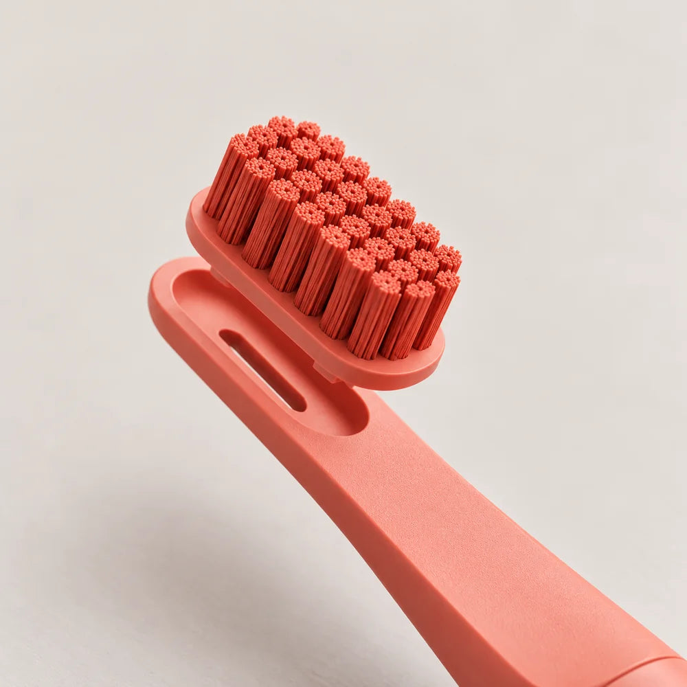 The bristled head plate separates from the coral brush neck; the handle and neck stay