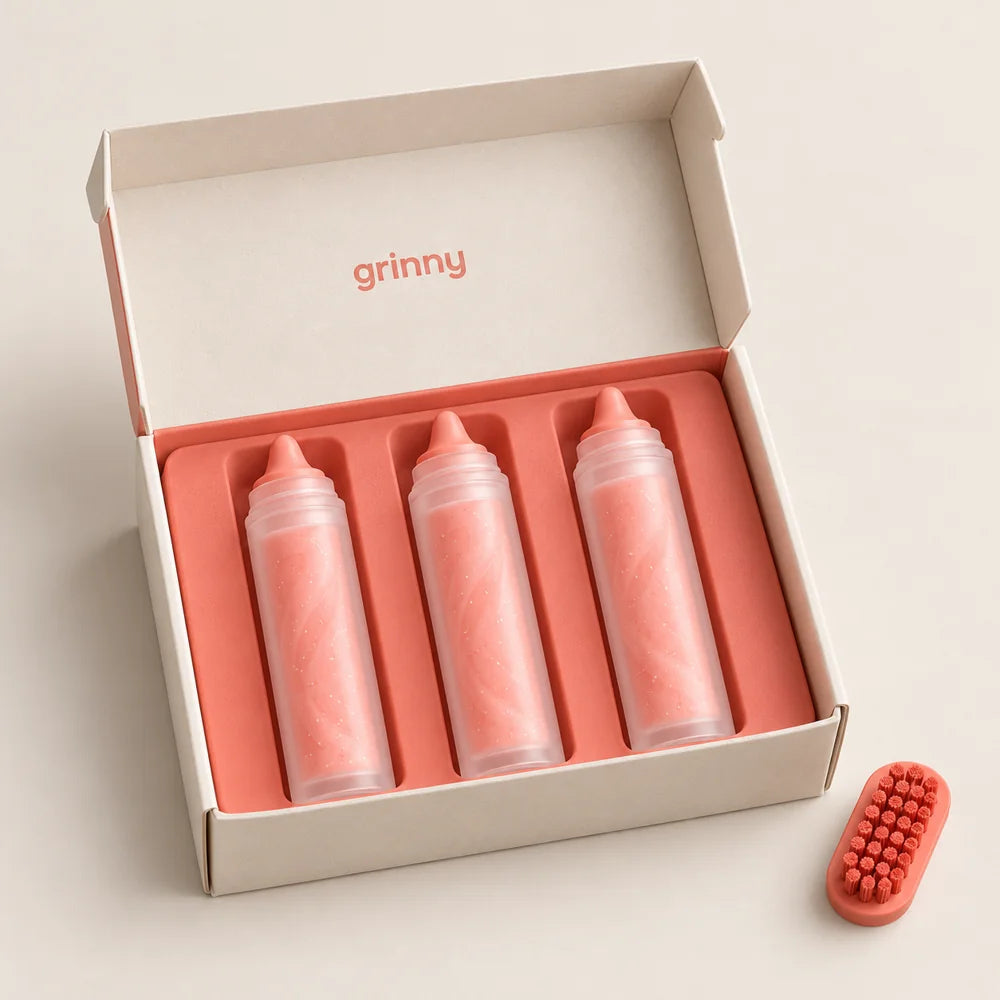 Concept of a grinny refill box with paste cartridges and a replacement head plate